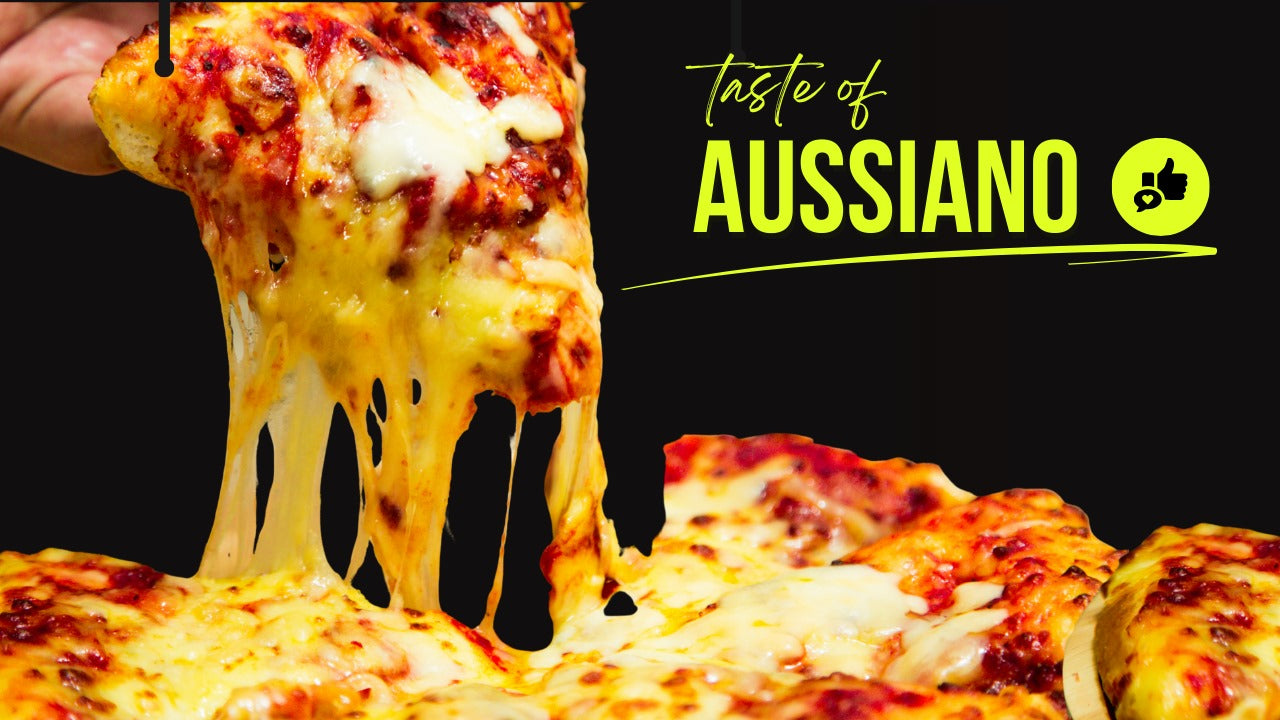 Cheesy pizza with a hand pulling a slice, featuring the 'Taste of Aussiano' logo.